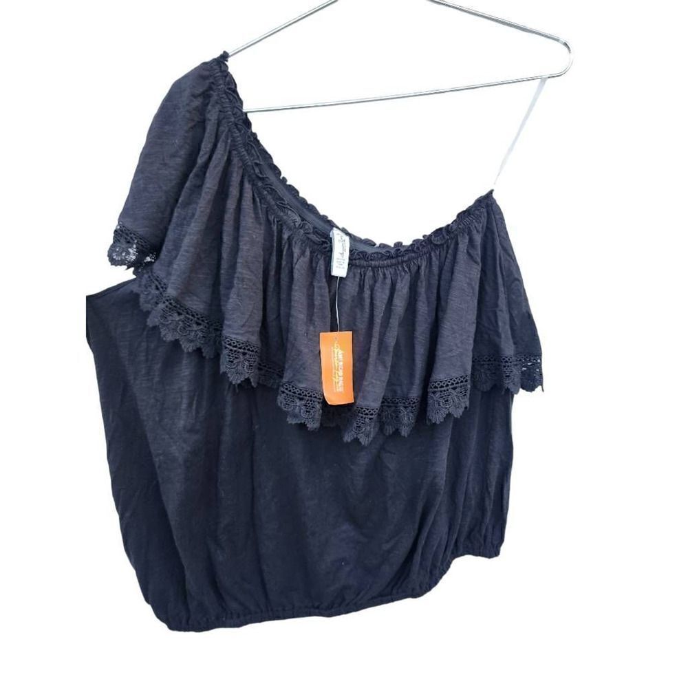 American Rag Cie Women Top BLACK One Shoulder Ruffle Crochet Blouson Plus 2X New